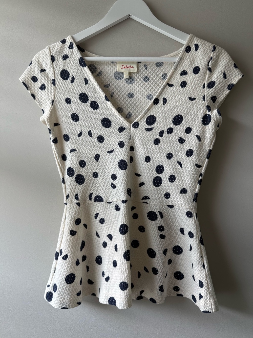 Deletta Anthropologie Black Polka Dot Peplum Top S
